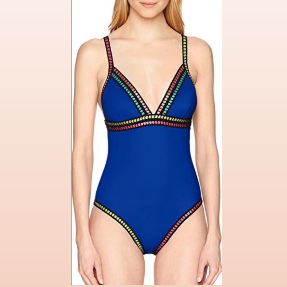 New! La Blanca Blue Threading Along One Piece Swimsuit Women’s Size 4 Vacation